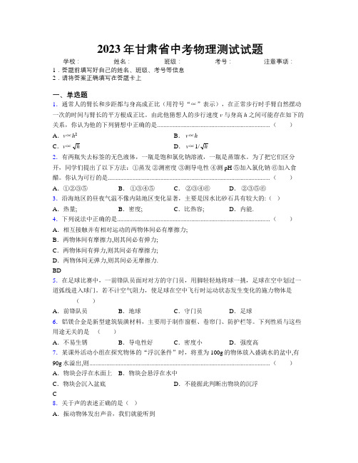 2023年甘肃省中考物理测试试题附解析