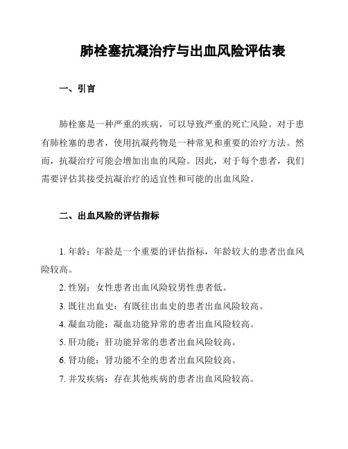 肺栓塞抗凝治疗与出血风险评估表