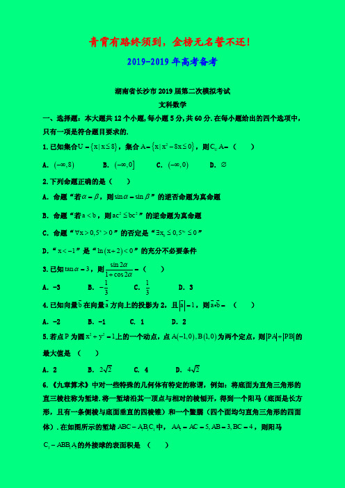 2019-2020年湖南省长沙市二模：长沙市2019届高三第二次模拟考试数学(文)试题-附答案精品