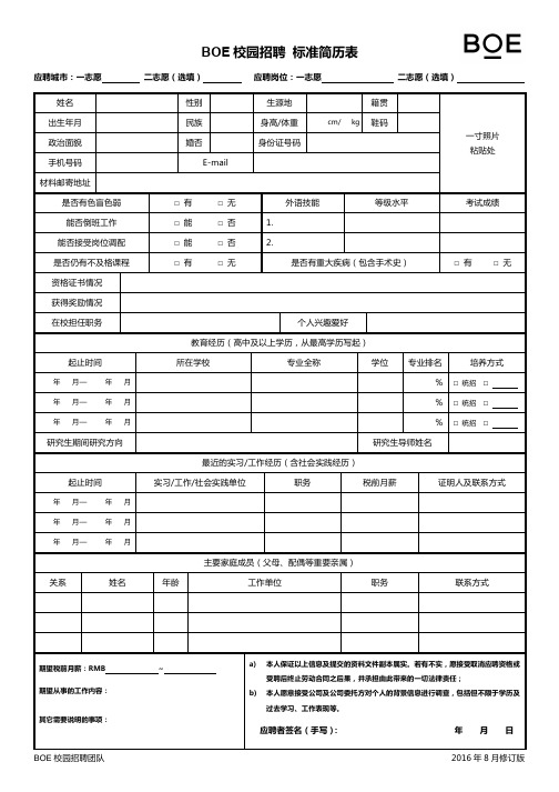 BOE校园招聘标准简历表(2017)