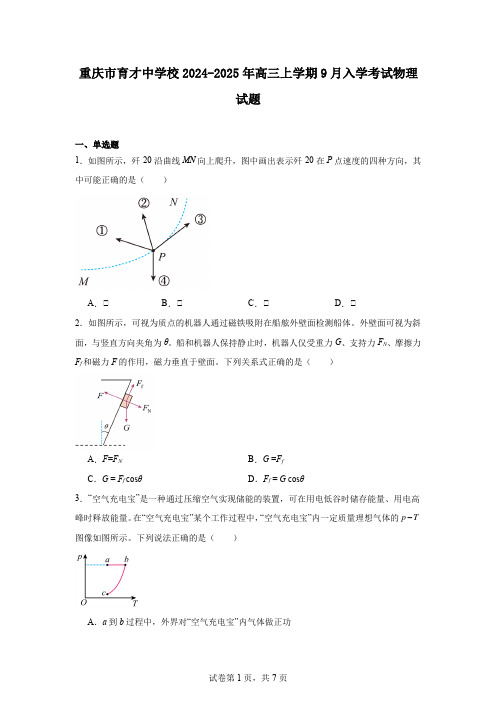 重庆市育才中学校2024-2025年高三上学期9月入学考试物理试题