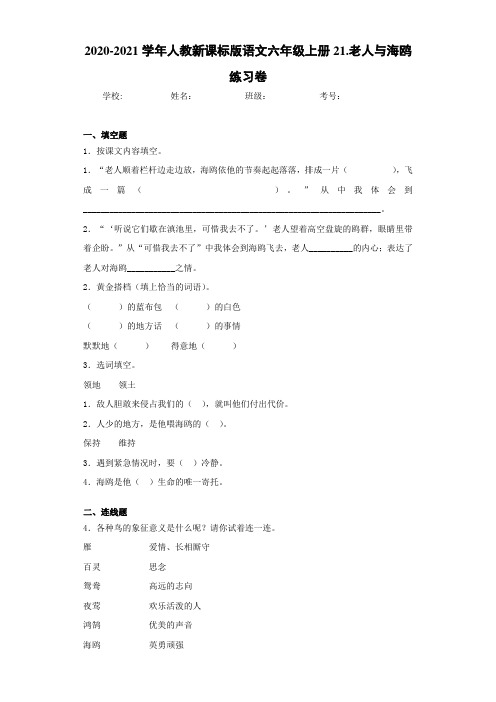 2020-2021学年人教新课标版语文六年级上册21.老人与海鸥练习卷