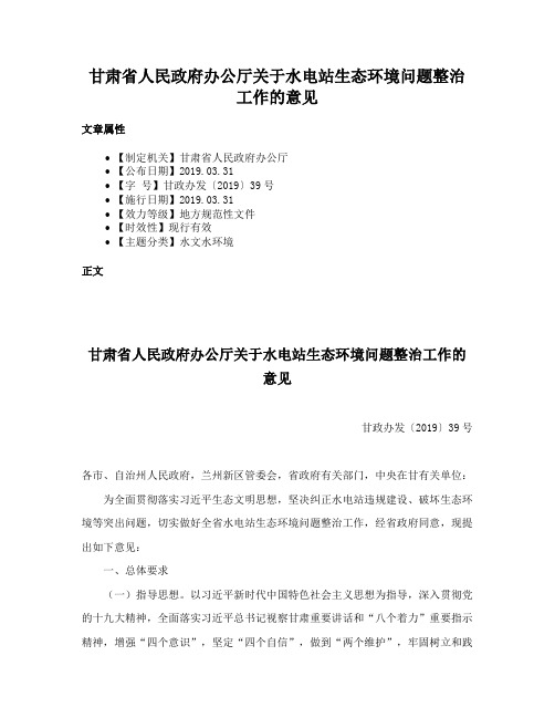 甘肃省人民政府办公厅关于水电站生态环境问题整治工作的意见