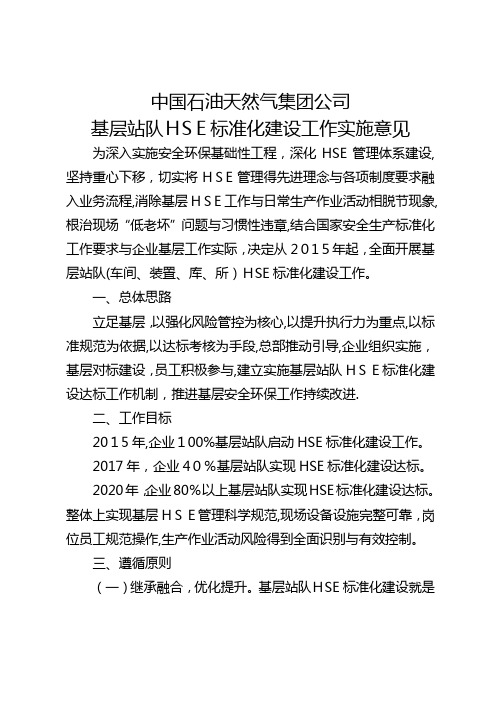 中国石油天然气集团公司基层站队HSE标准化建设工作实施意见