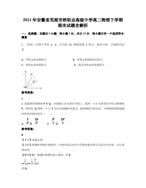 2021年安徽省芜湖市桥职业高级中学高二物理下学期期末试题含解析