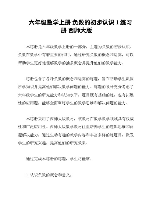 六年级数学上册 负数的初步认识 1练习册 西师大版