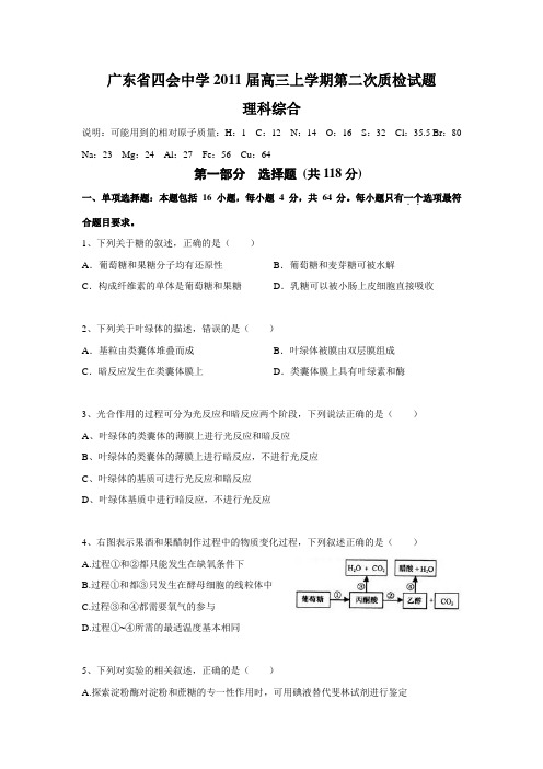 广东省四会市四会中学2011届高三上学期第二次质检试题(理综)