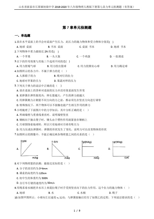 山东省新泰市石莱镇初级中学2019-2020年八年级物理人教版下册第七章力单元检测题(有答案)