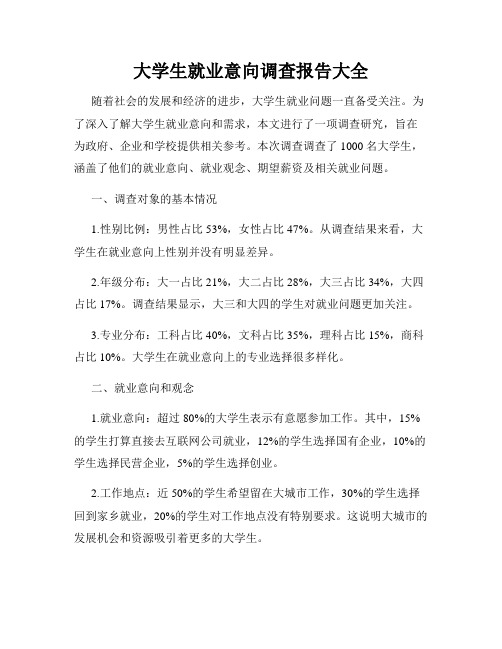 大学生就业意向调查报告大全