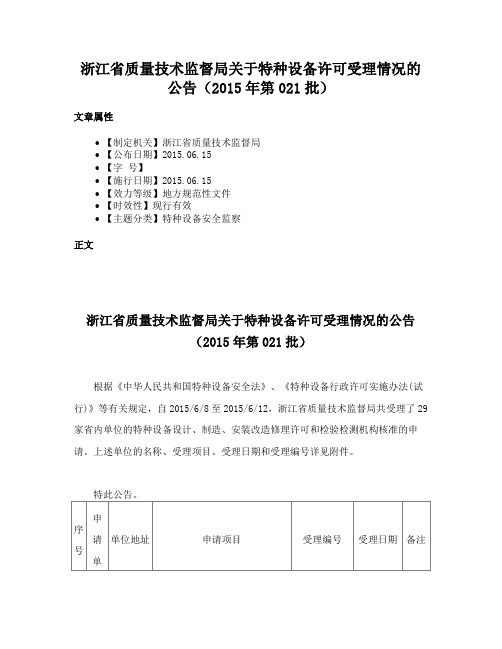 浙江省质量技术监督局关于特种设备许可受理情况的公告（2015年第021批）