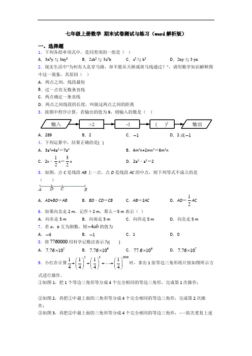 七年级上册数学 期末试卷测试与练习(word解析版)