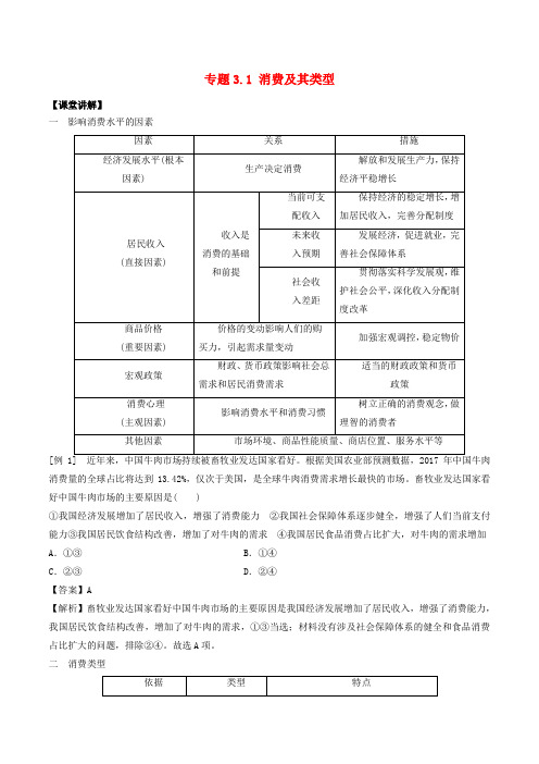 2018-2019学年高中政治 专题3.1 消费及其类型(讲)(基础版)新人教版必修1