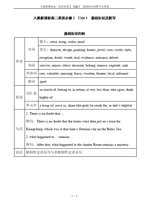 人教新课标高二英语必修2  Unit 1  基础知识和默写含答案