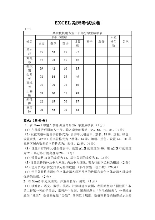 EXCEL期末考试试卷