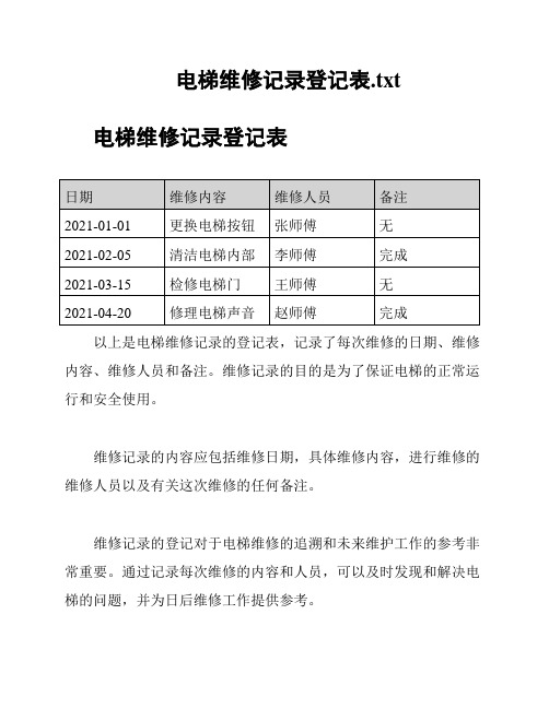 电梯维修记录登记表