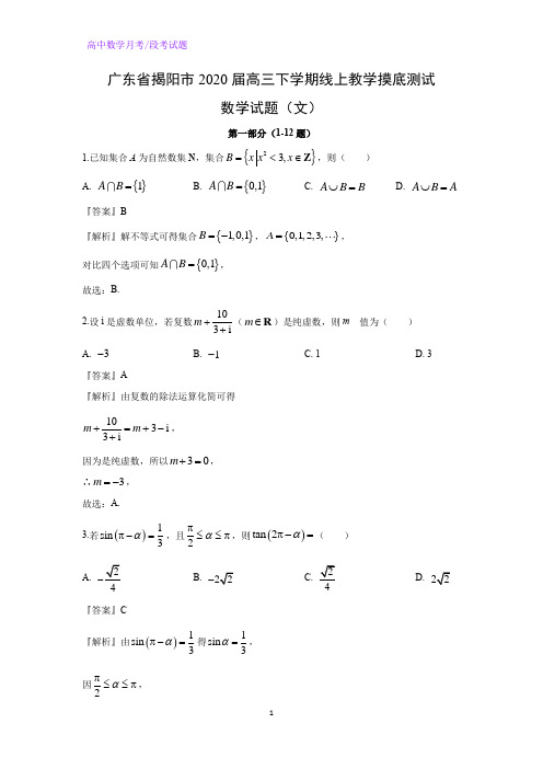 广东省揭阳市2020届高三下学期线上教学摸底测试数学试题(文)(解析版)