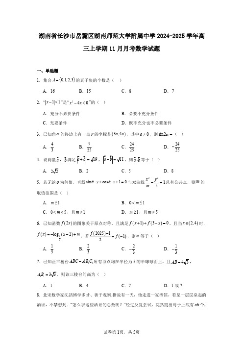 湖南省长沙市岳麓区湖南师范大学附属中学2024-2025学年高三上学期11月月考数学试题