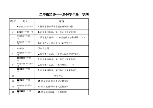 二年级第一学期集体备课安排表