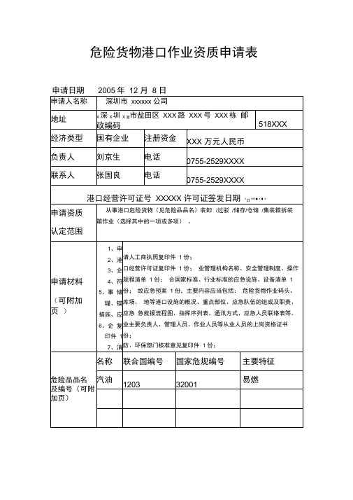 危险货物港口作业资质申请表.