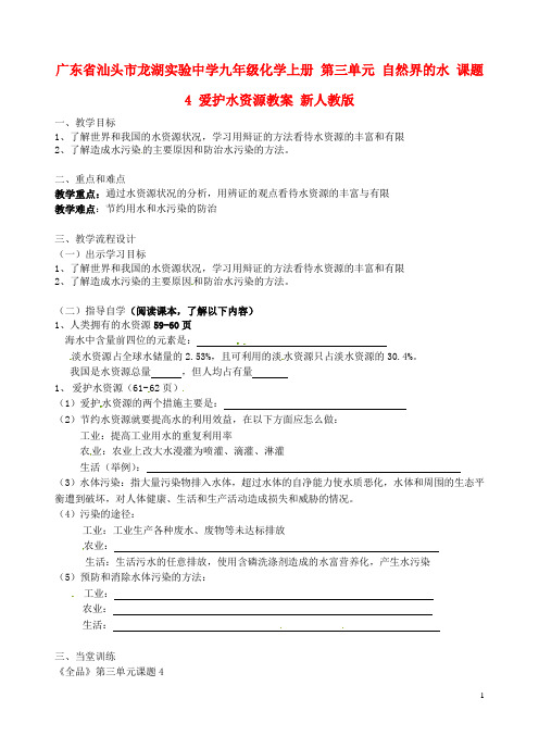 广东省汕头市龙湖实验中学九年级化学上册 第三单元 自然界的水 课题4 爱护水资源教案 新人教版