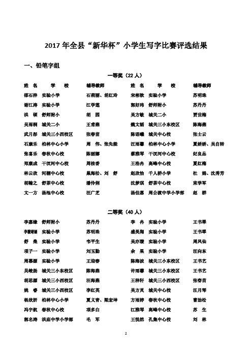 2017年全新华杯小学生写字比赛评选结果