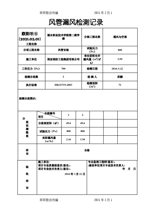 风管漏风检测记录(示例)之欧阳歌谷创编