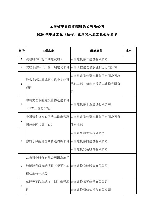 云南省建设投资控股集团有限公司2020年建设工程(结构)优质奖入选工程公示名单【模板】