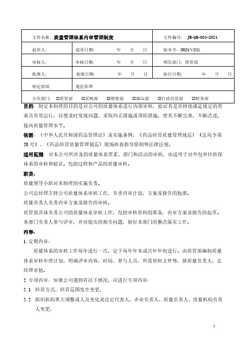 药品经营-质量管理体系内审管理制度