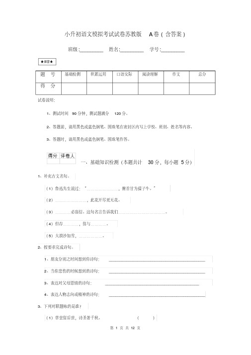 小升初语文模拟考试试卷苏教版A卷(含答案)