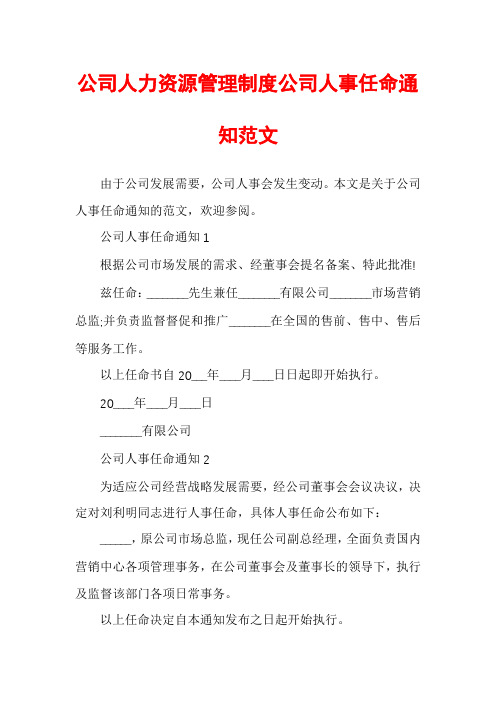 公司人力资源管理制度公司人事任命通知范文