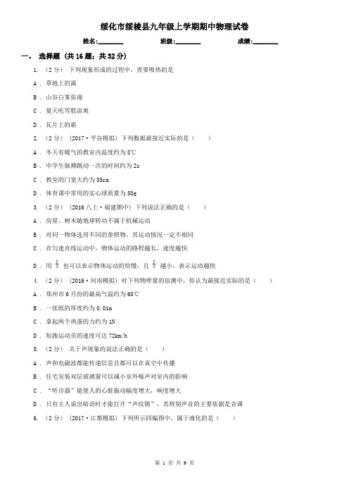 绥化市绥棱县九年级上学期期中物理试卷