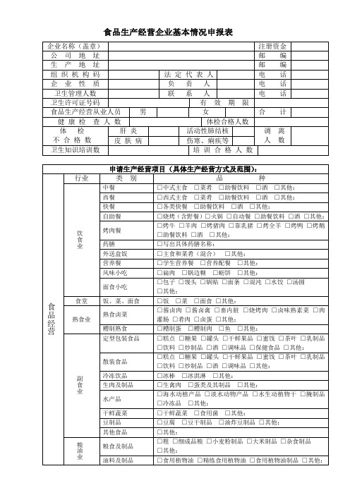 食品生产经营企业基本情况申报表