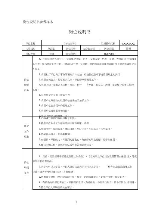 2020年(岗位职责)岗位说明书参考样本