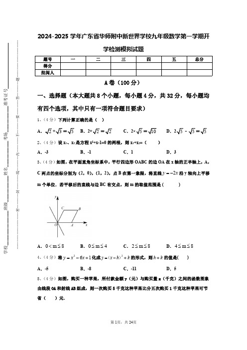 2024-2025学年广东省华师附中新世界学校九年级数学第一学期开学检测模拟试题【含答案】