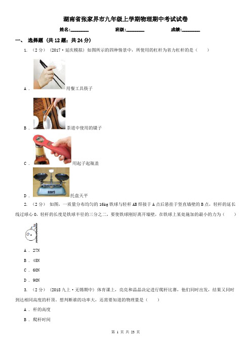 湖南省张家界市九年级上学期物理期中考试试卷