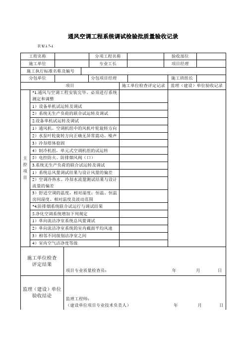 通风空调工程系统调试检验批质量验收记录(主控)