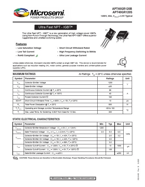 APT40GR120B_S 1200V 40A 电子管参数表说明书