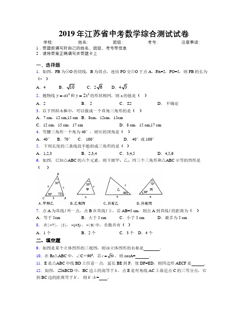 2019年江苏省中考数学综合测试试卷附解析