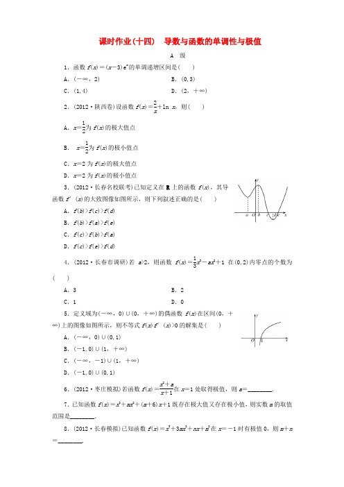 【金版新学案】高考数学总复习 课时作业14 导数与函数的单调性与极值 理 北师大版