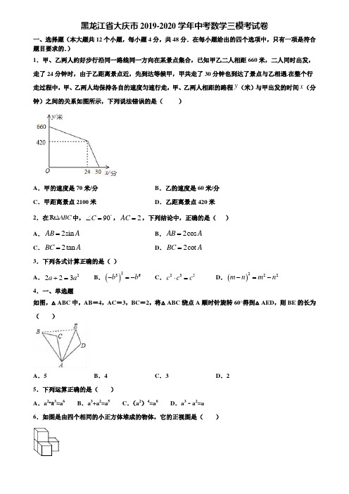 黑龙江省大庆市2019-2020学年中考数学三模考试卷含解析