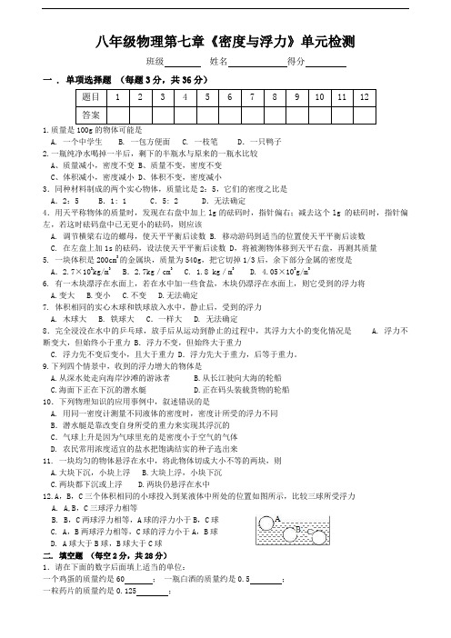 第七章 密度与浮力测试题(100分)