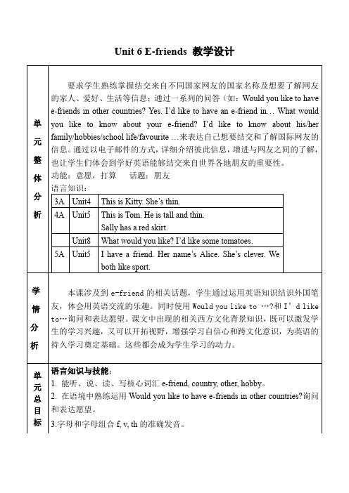 沪教版小学六年级英语上Unit 6 E-friends 教案