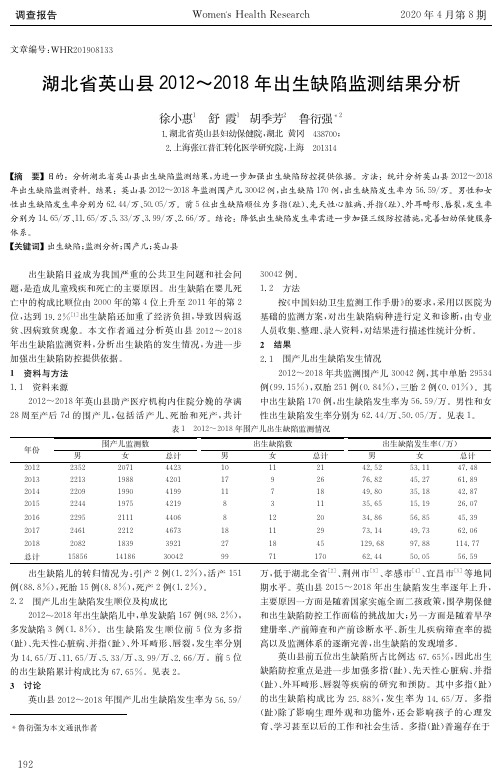 湖北省英山县2012~2018年出生缺陷监测结果分析