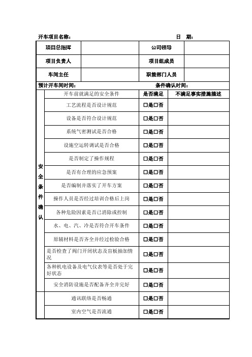 装置开车前安全条件确认表