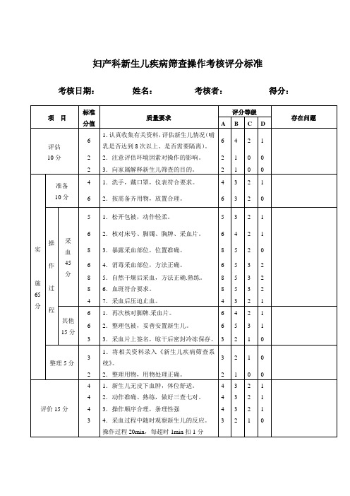 妇产科新生儿疾病筛查操作考核评分标准