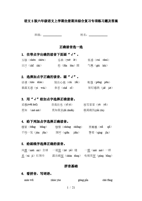 语文S版六年级语文上学期全册期末综合复习专项练习题及答案