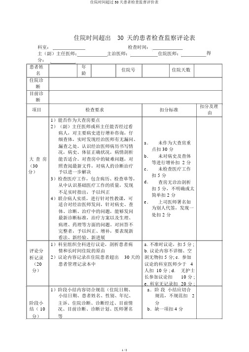 住院时间超过30天患者检查监督评价表