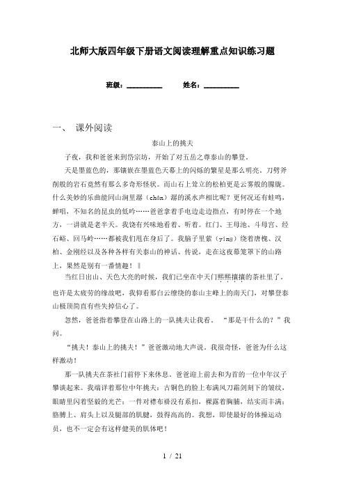 北师大版四年级下册语文阅读理解重点知识练习题