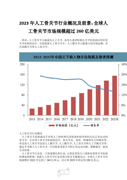 2023年人工骨关节行业概况及前景：全球人工骨关节市场规模超过260亿美元5