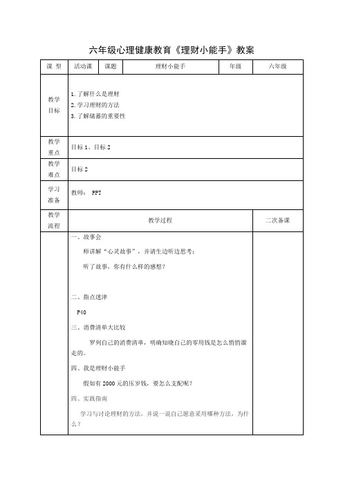 六年级心理健康教育《理财小能手》教案